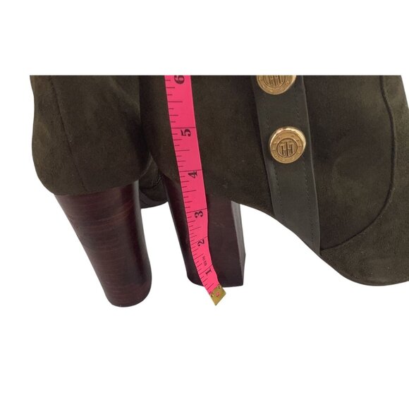 Tommy Hilfiger Womens Heeled Ankle Boots Olive Suede & Leather Gold Button S 8.5 - Picture 5 of 10